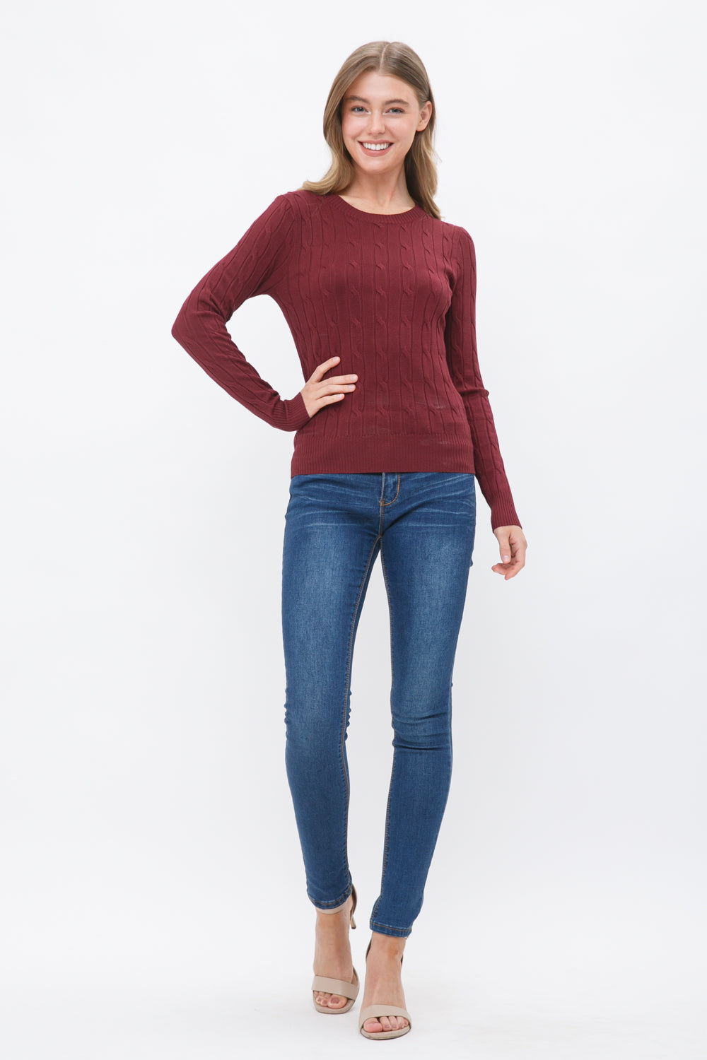 Cielo Women's Stretch Crew Neck Cable Knit Pullover - SW1000