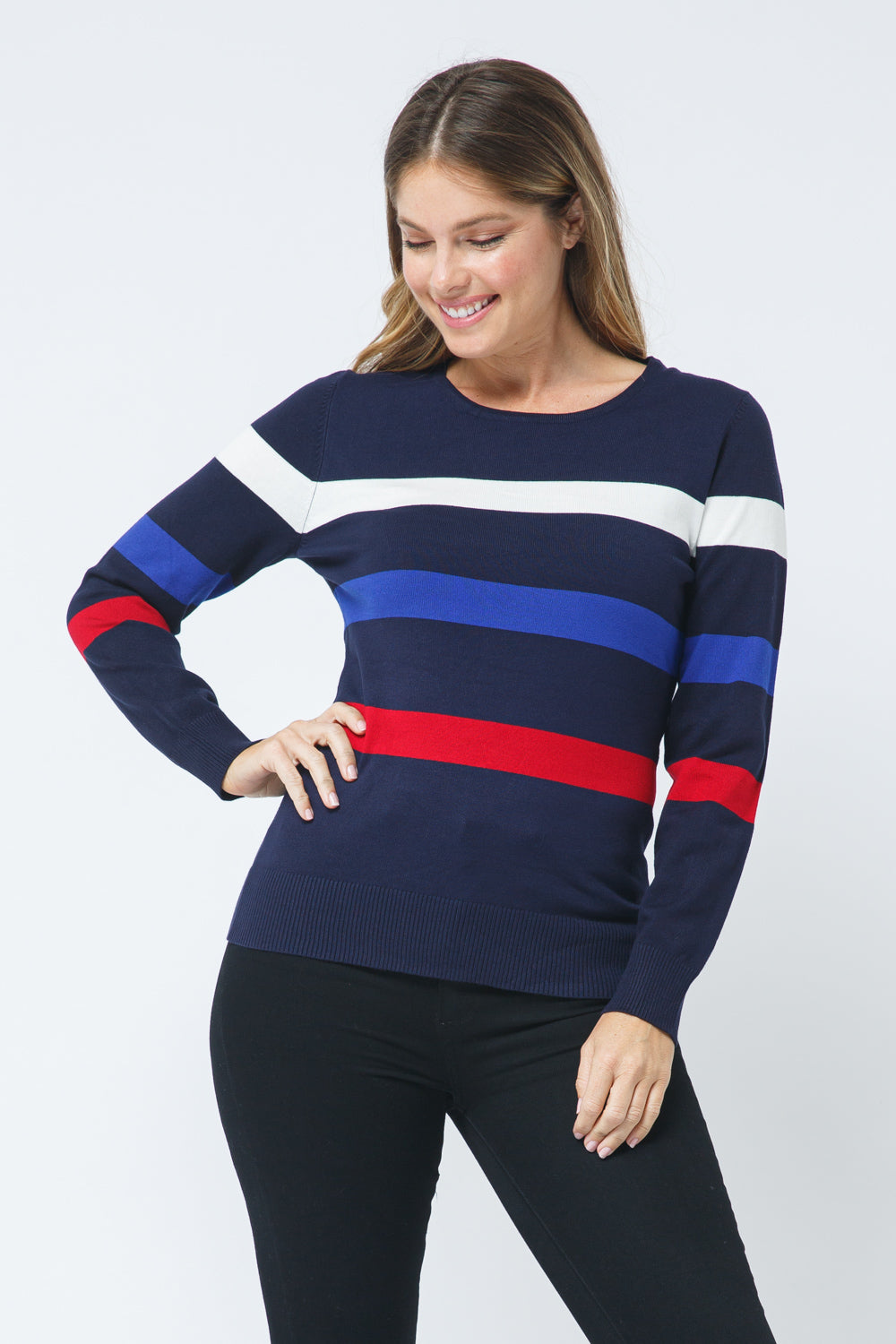 Cielo Women's Round Neck Pullover Knit Three Stripes - SW600-L